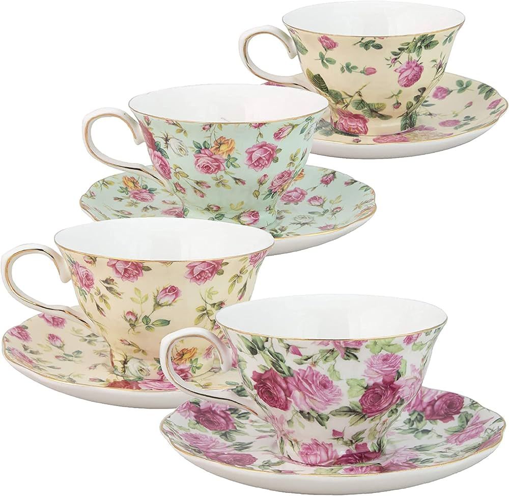 Gracie China by Coastline Imports Rose Chintz 8-Ounce Porcelain Tea Cup and Saucer, Set of 4 | Amazon (US)