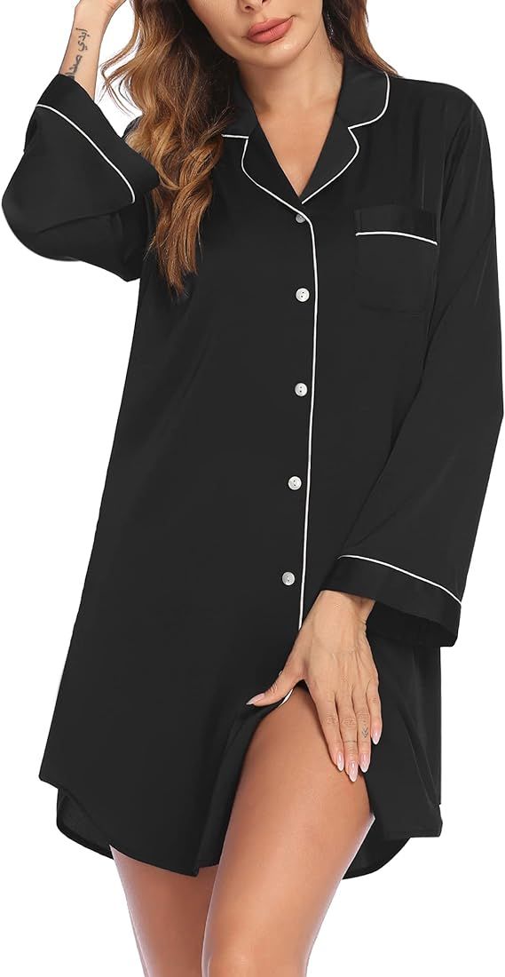 Ekouaer Women's Satin Nightgown Long Sleeve Sleepwear Button Down Pajama Dress Classic Silk Night... | Amazon (US)
