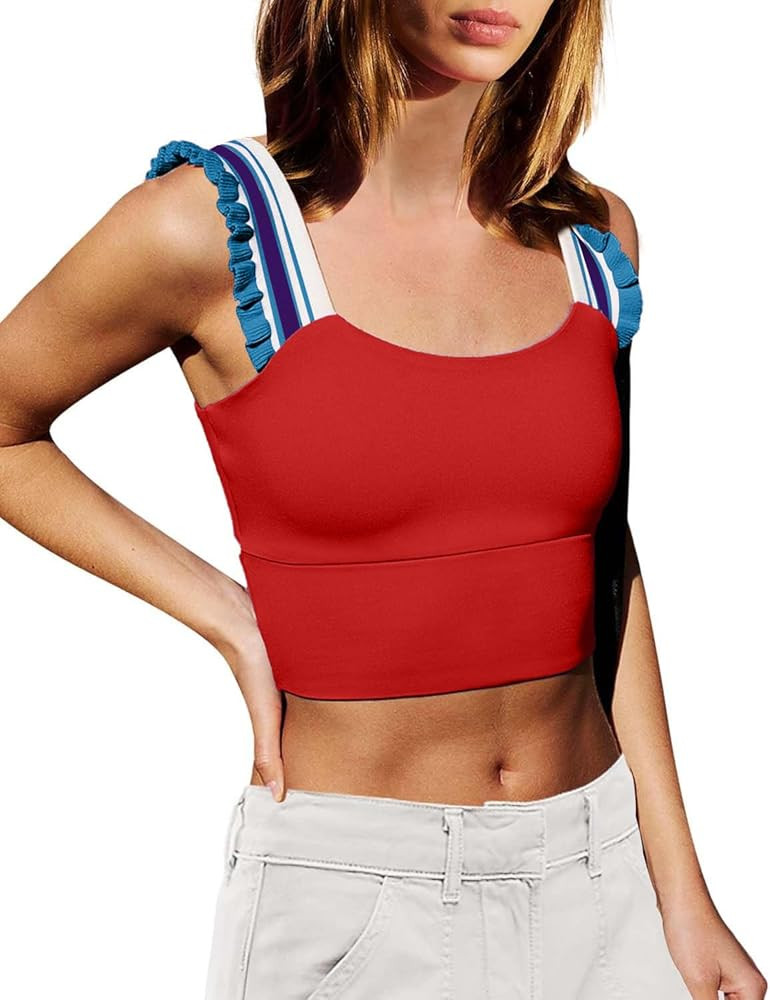 Wenlia Women's Cropped Tank Tops Sleeveless Stretchy Camisole Ruffle Wide Strap Cut Out Workout G... | Amazon (US)