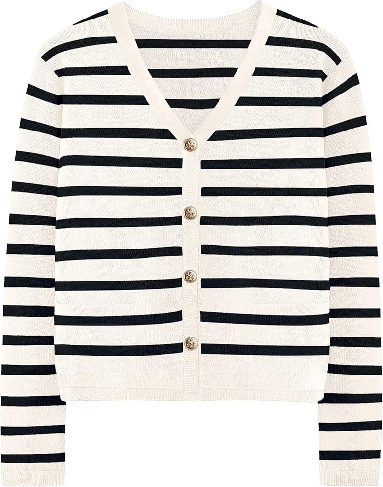 Women's Striped Cardigan Sweaters - Long Sleeve Button Down V Neck Knit Cardigans Classic Casual ... | Amazon (US)