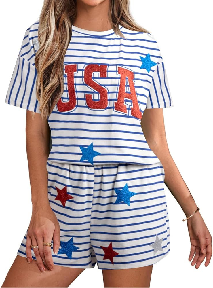 SUPEYA 4th of July Outfit Women USA Stars Stripes Shirts American Flag Short Sleeve T-Shirt Casua... | Amazon (US)