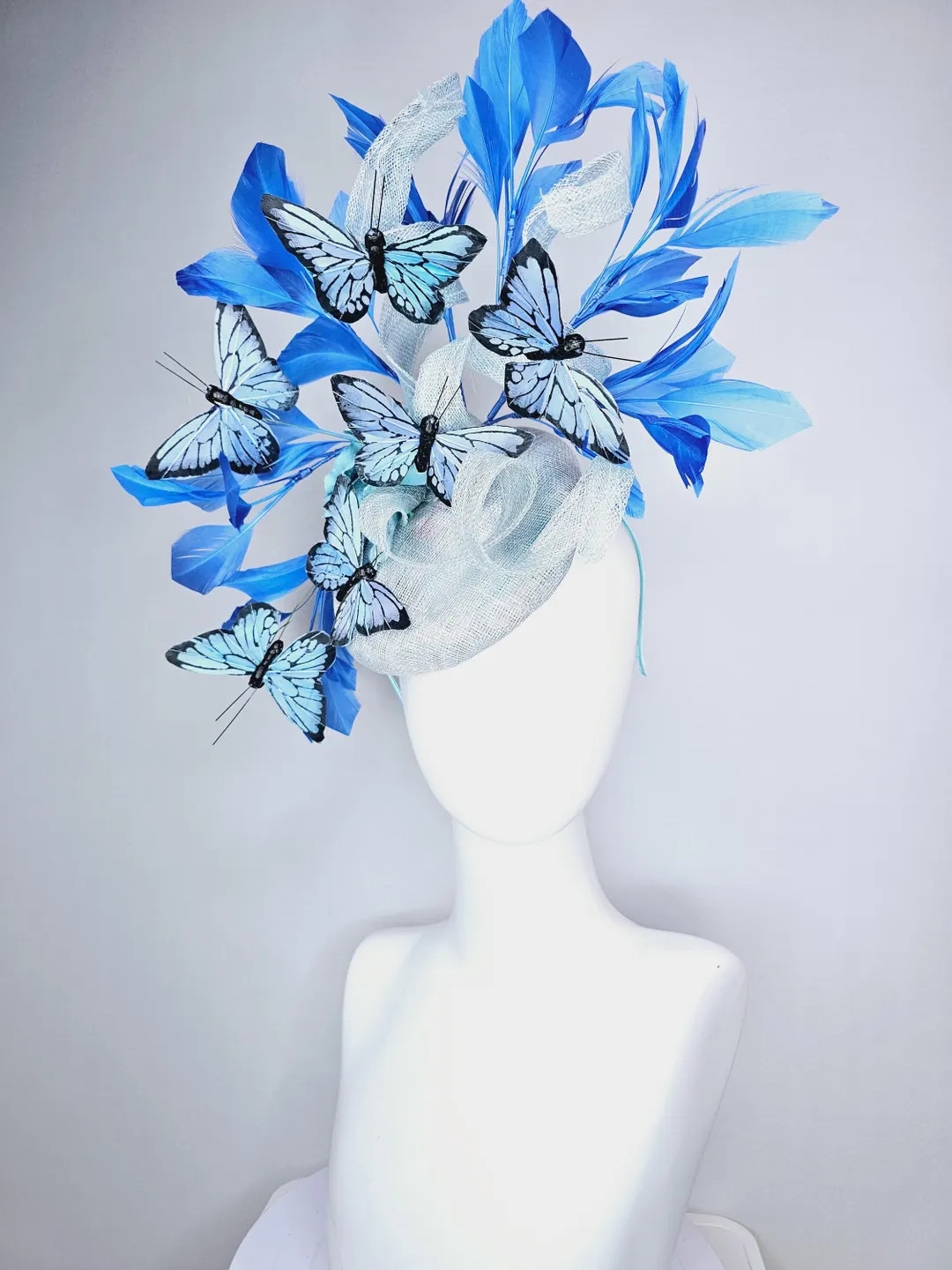 kentucky derby hat fascinator light blue sinamay with curls baby blue satin flower blue black lar... | Etsy (US)