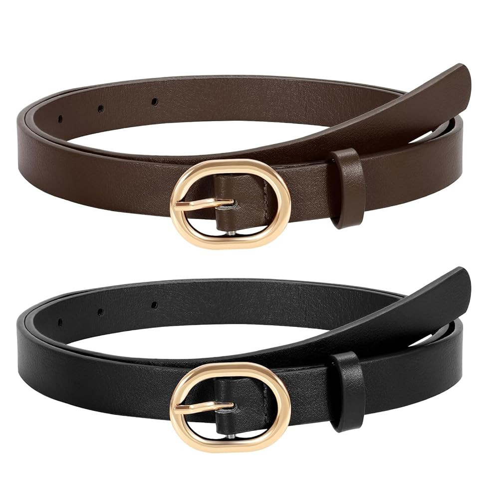 WERFORU 2 Pack Women's Skinny PU Leather Belt with Gold Buckle Ladies Thin Leather Plus Size Wais... | Amazon (US)