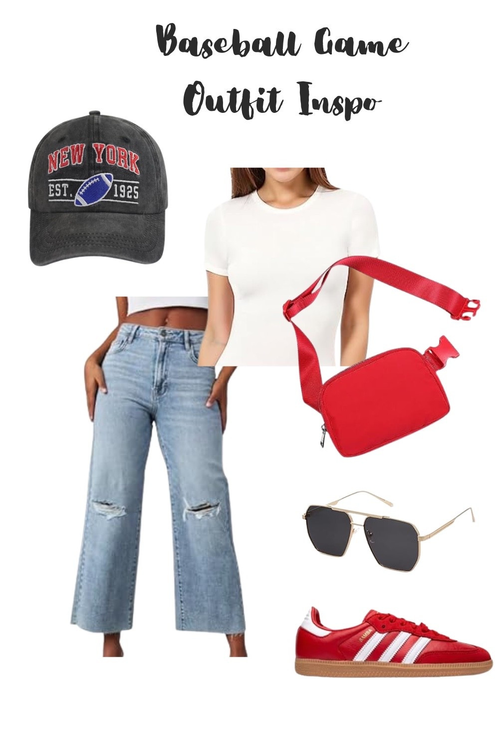 Casual baseball game outfit but still cute 🙌⚾️
Comfy jeans + a simple tee, then I added pops of red with the bag and sneakers to pull it all together. The hat + sunnies make it feel effortless (and practical for game day ☀️)

#ltkstyle #outfitinspo #casualoutfit #gamedayoutfit #baseballstyle #everydaystyle #summeroutfits #ltkfinds