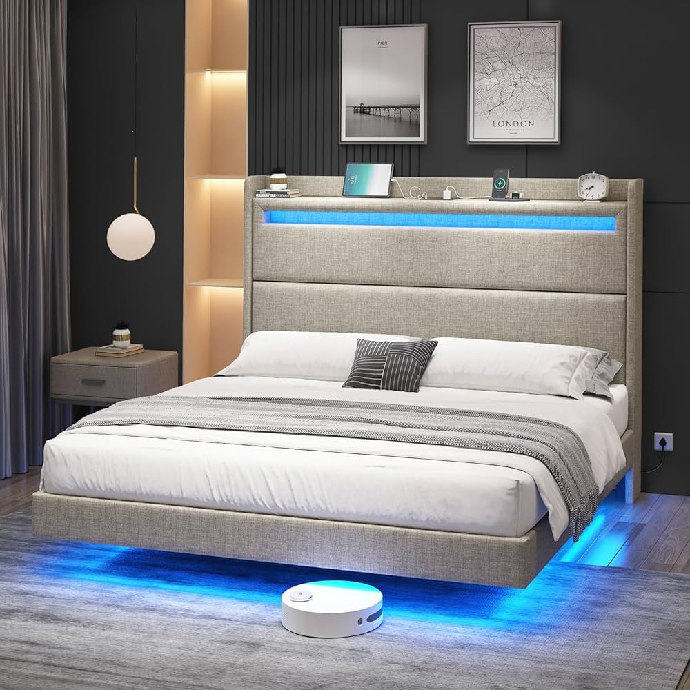 Jocisland Floating Queen Bed Frame with LED Lights, Upholstered Platform Bed with Charing Station... | Amazon (US)