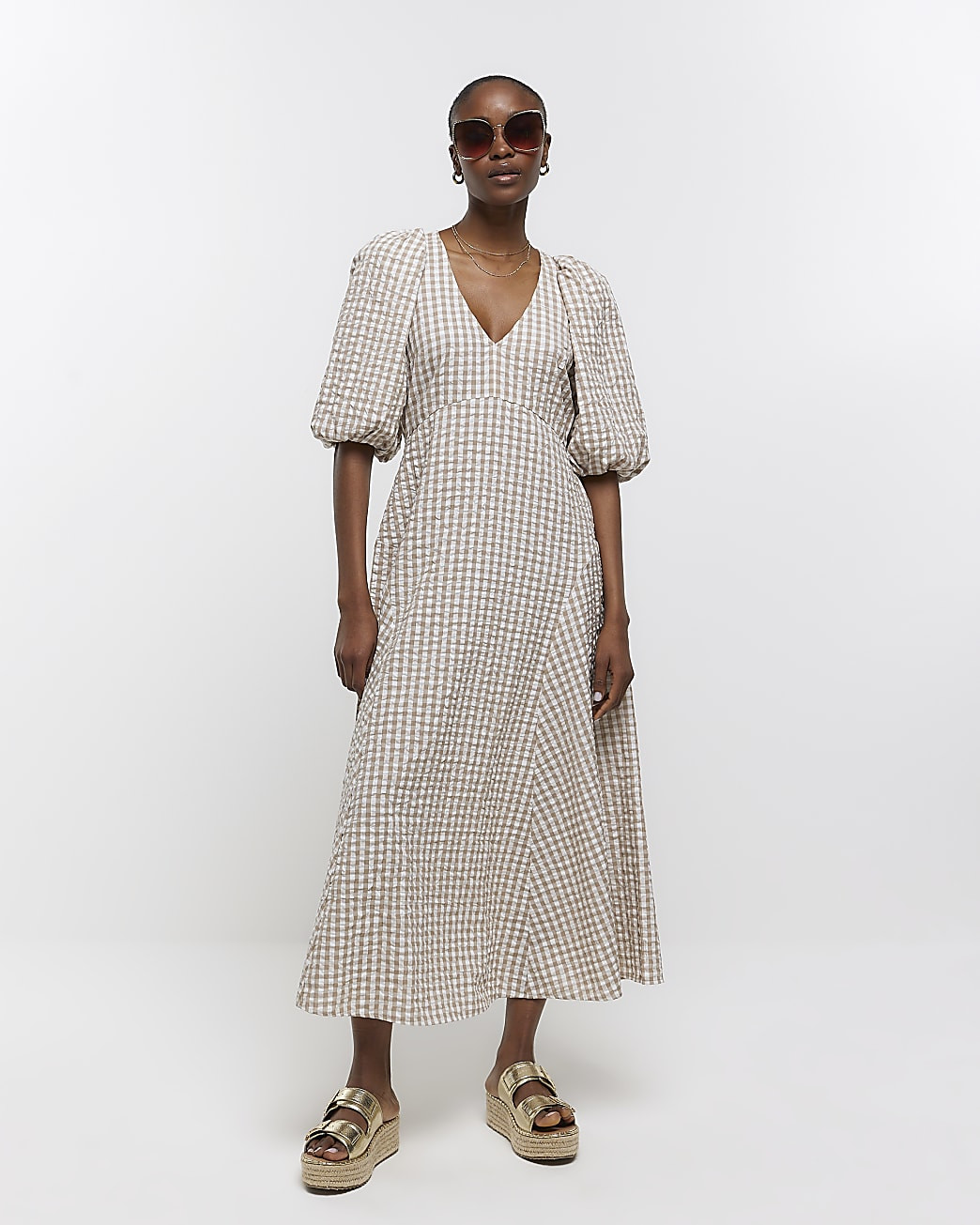 Beige gingham puff sleeve smock midi dress | River Island (UK & IE)