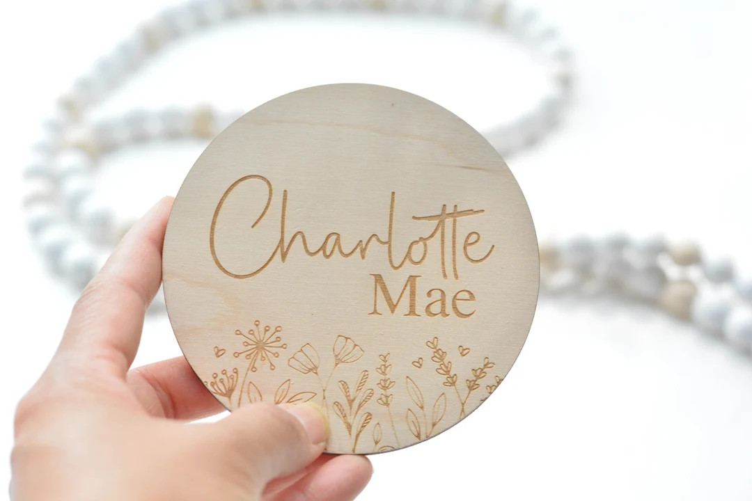 Floral Wooden Baby Name Birth Announcement Hospital Sign Engraved Round Boho Flower Baby Reveal P... | Etsy (US)