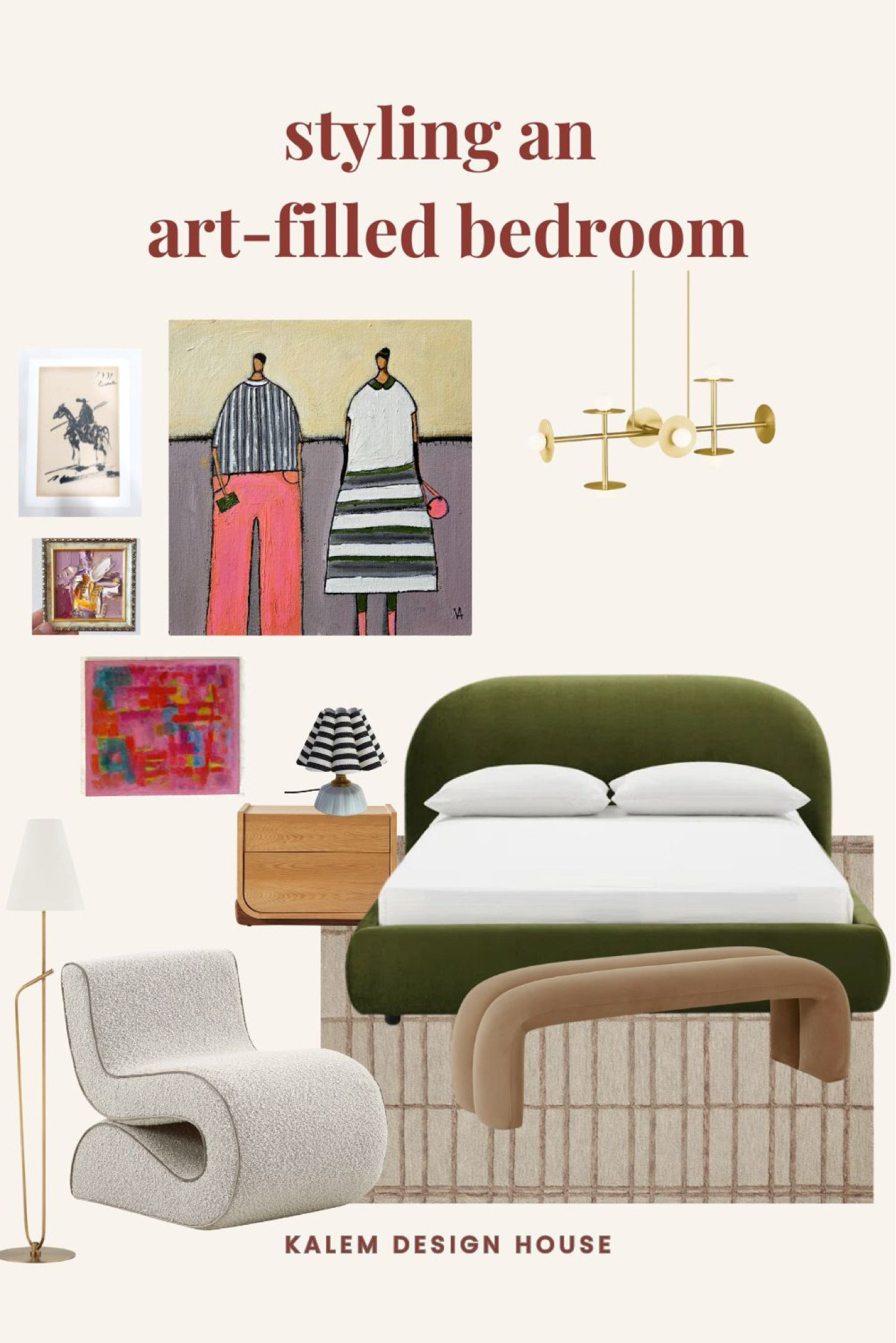 Home decor, art filled bedroom styling, green hues, hunter green, olive green bed, geometric neutral rug, end of bed velvet bench, sculptural chair, unique vintage art, original paintings, original colorful art, bold chandelier, striped lamps, wooden nightstandd

#LTKHome