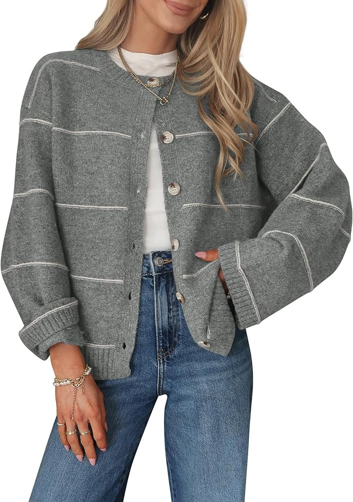 Balimtoy Striped Cardigan Sweaters for Women Trendy Long Sleeve Crewneck Button Up Sweater Fall W... | Amazon (US)