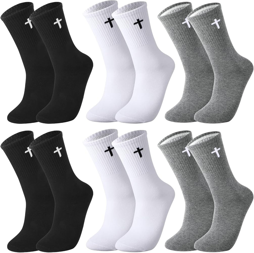 6 Pairs Cross Socks for Men US 7-9 Christian Pastor Elastic Crew Socks Cross Print Embroidered Ge... | Amazon (US)