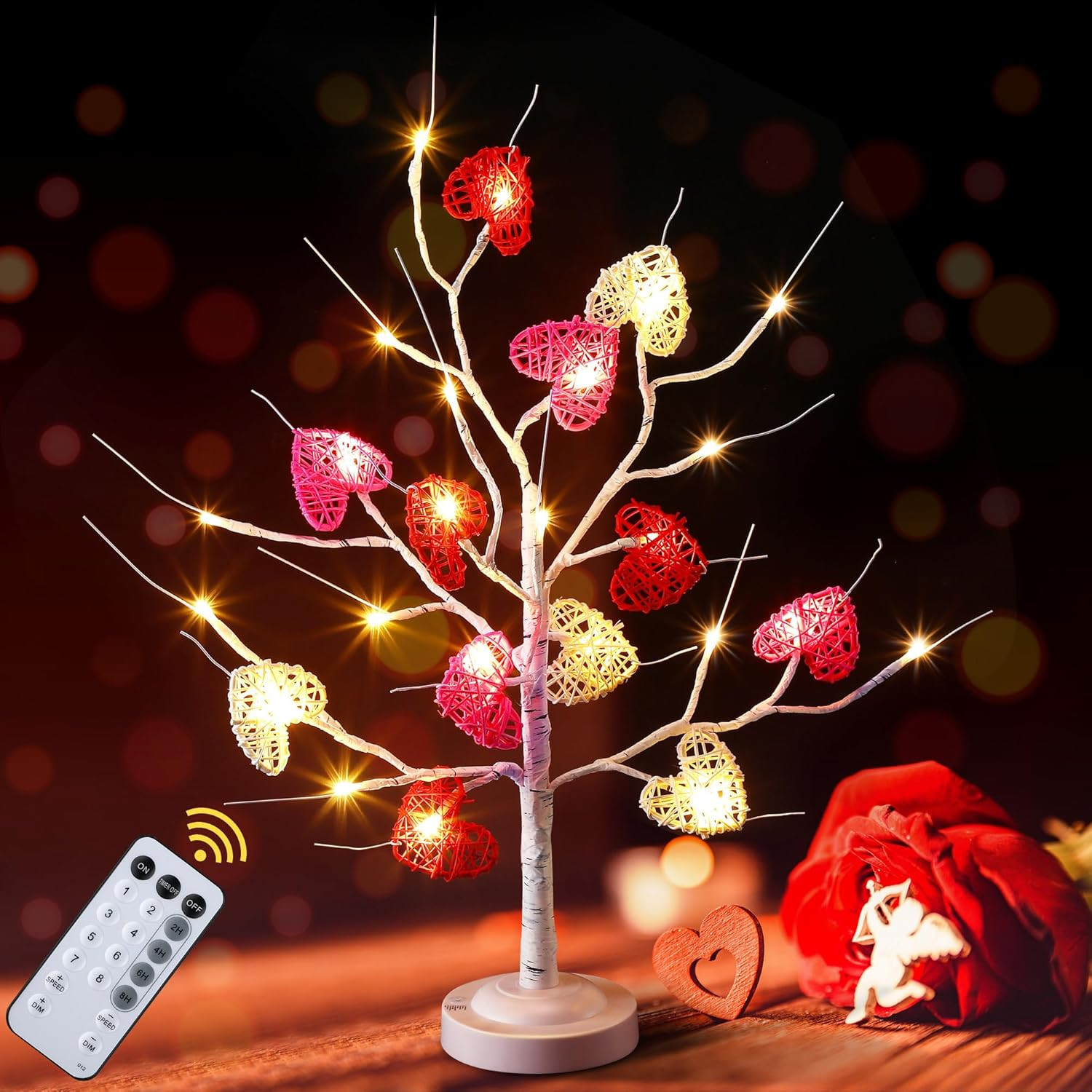 24 Inch Lighted Valentine Tree with 12 Rattan Hearts, 24 LED Valentine's Day Decor Lighted Birch ... | Amazon (US)