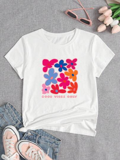 SHEIN X SFCHICKY Floral & Slogan Graphic Tee | SHEIN