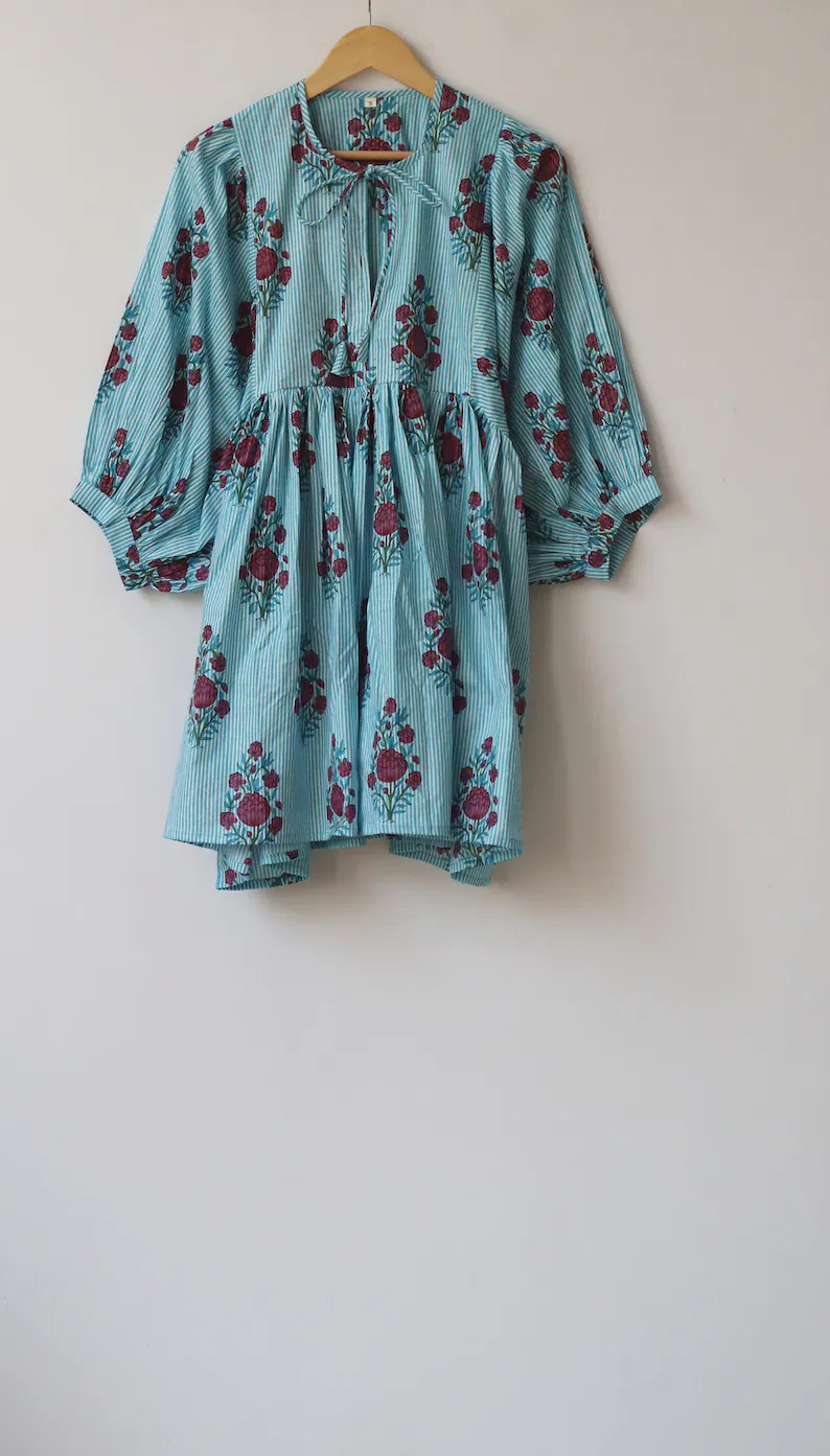 Block Print Midi Dress, Mini Dress, Striped Long Block Print Dress, Deep Neck With String Closer ... | Etsy (US)