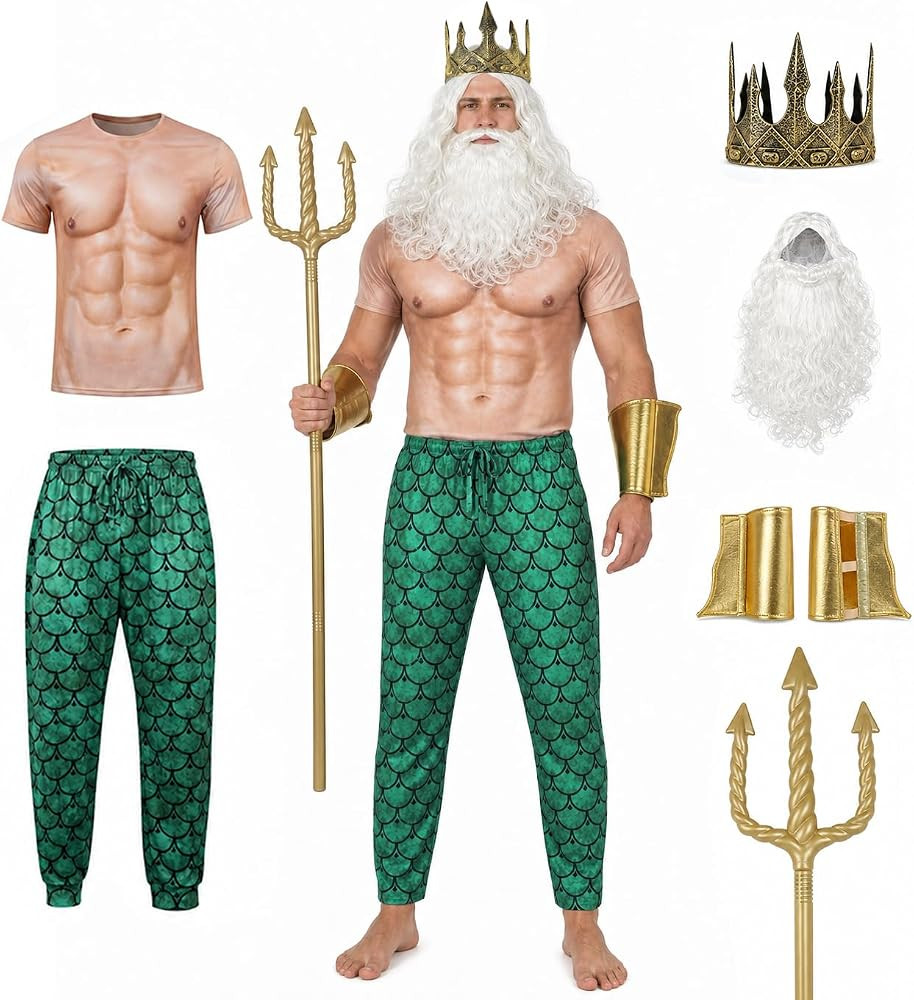 Poseidon Costume for Men, Neptune Sea God Kit with Trident for Halloween | Amazon (US)