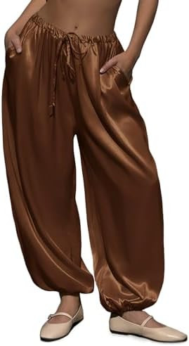 Fisoew Womens Satin Harem Pants Casual Baggy Barrel Leg Elastic Waist Drawstring Loose Workout Tr... | Amazon (US)
