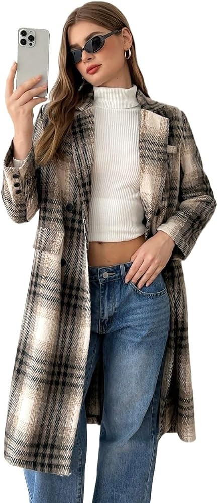 Womens 2024 Winter Fleece Jacket Coat Long Sleeve Front Button Plaid Pattern Casual Jacket | Amazon (US)