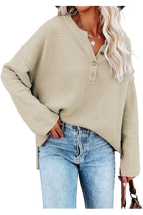 BLENCOT Women Button Neck Sweater Long Sleeve Chunky Oversized Fall Tunic Sweaters | Amazon (US)
