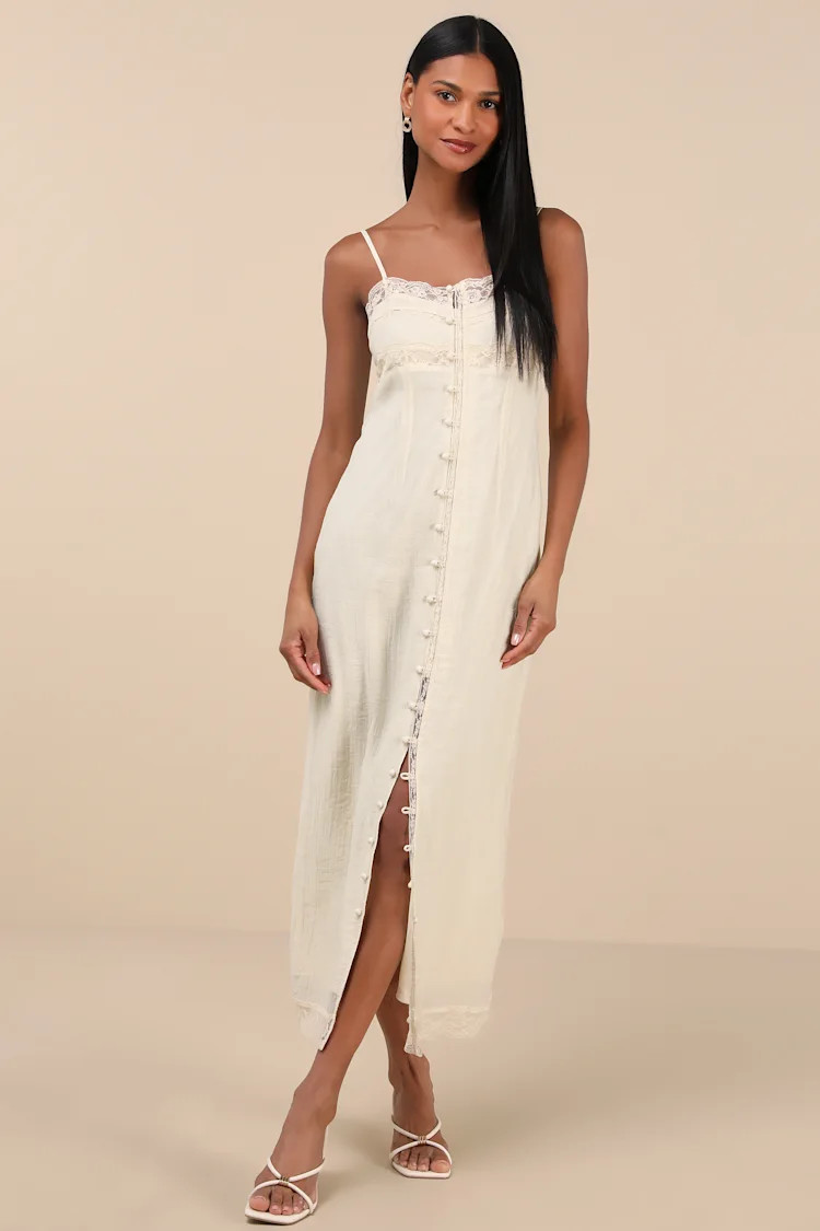 Veanna Cream Textured Lace Button-Front Midi Dress | Lulus