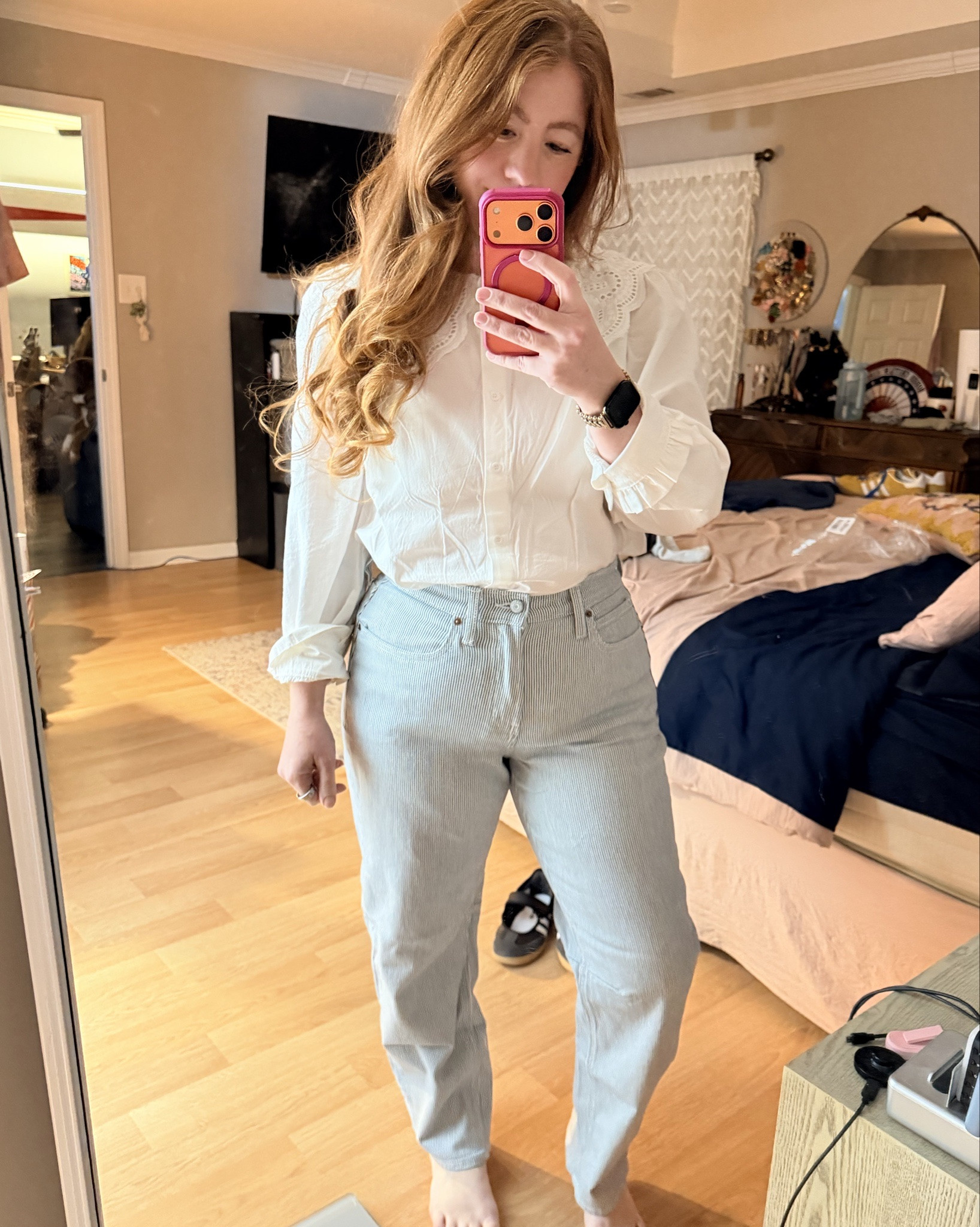 Wearing a Peter Pan collar button-down top paired with Old Navy barrel jeans and I’m obsessed 🤍 These barrel jeans come in a thin stripe pattern (almost like a subtle railroad stripe) that’s surprisingly flattering and elongating. The stripe gives a vintage feel without being loud, and the barrel shape feels modern but easy to style.

Fit note: I ordered my true size 8, but I did need the petite length. I’m 5’3½”, and the regular length was too long and made the barrel silhouette look off. If you’re on the shorter side, definitely grab the petite for the best fit. Such a cute everyday outfit that still feels polished.

#LTKootd #LTKMidsize #LTKPetite