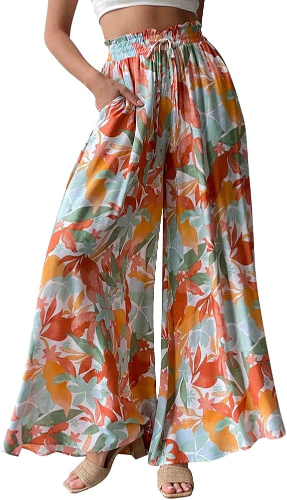 Women's Boho Wide Leg Palazzo Pants Elastic High Waist Floral Summer Casual Loose Flowy Lounge Le... | Amazon (US)