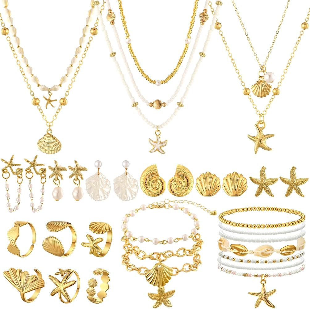 Tondiamo 23 Pcs Seashell Starfish Jewelry Set Boho Summer Beach Mermaid Accessories Layered Charm... | Amazon (US)