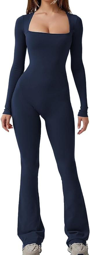 LASPIA Women's Padded Bras Jumpsuits Long Sleeve Square Neck Wide Leg Full Length Romper Playsuit | Amazon (US)