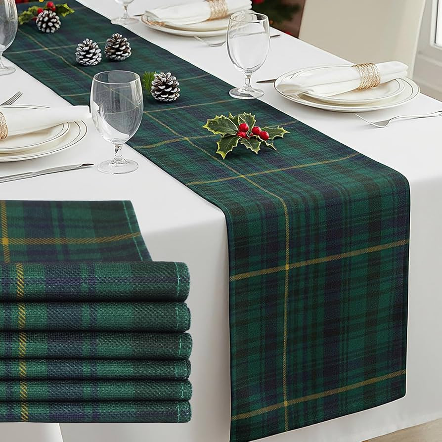 Gilprop 6 Pcs Green Blue 72 x 13'' Tartan Plaid Bear Babyshower Table Runner Vintage Birthday Par... | Amazon (US)