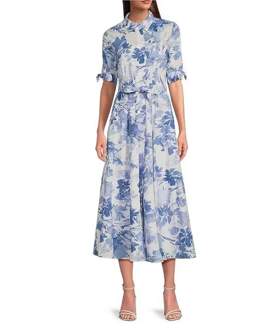Short Sleeve Point Collar Tie Waist Floral Printed Midi A-Line Dress | Dillard's