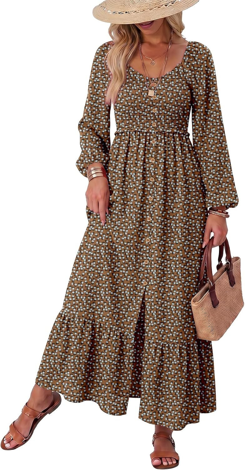 Dokotoo Womens Dresses Boho Floral Smocked Empire Waist Square Neck Long Sleeve Button Maxi Dress Beach Vacation Sundresses | Amazon (US)