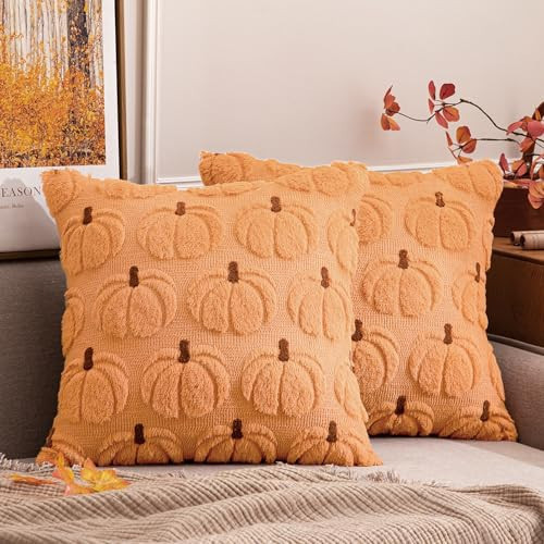 MIULEE Fall Pumpkin Throw Pillow Covers Decor Set of 2 Pumpkin Brown Stem 18 x 18 Decorative Cushion Covers Soft Plush Faux Fur Couch Pillows for Autumn Harvest Outdoor Porch Farmhouse Halloween Home | Amazon (US)