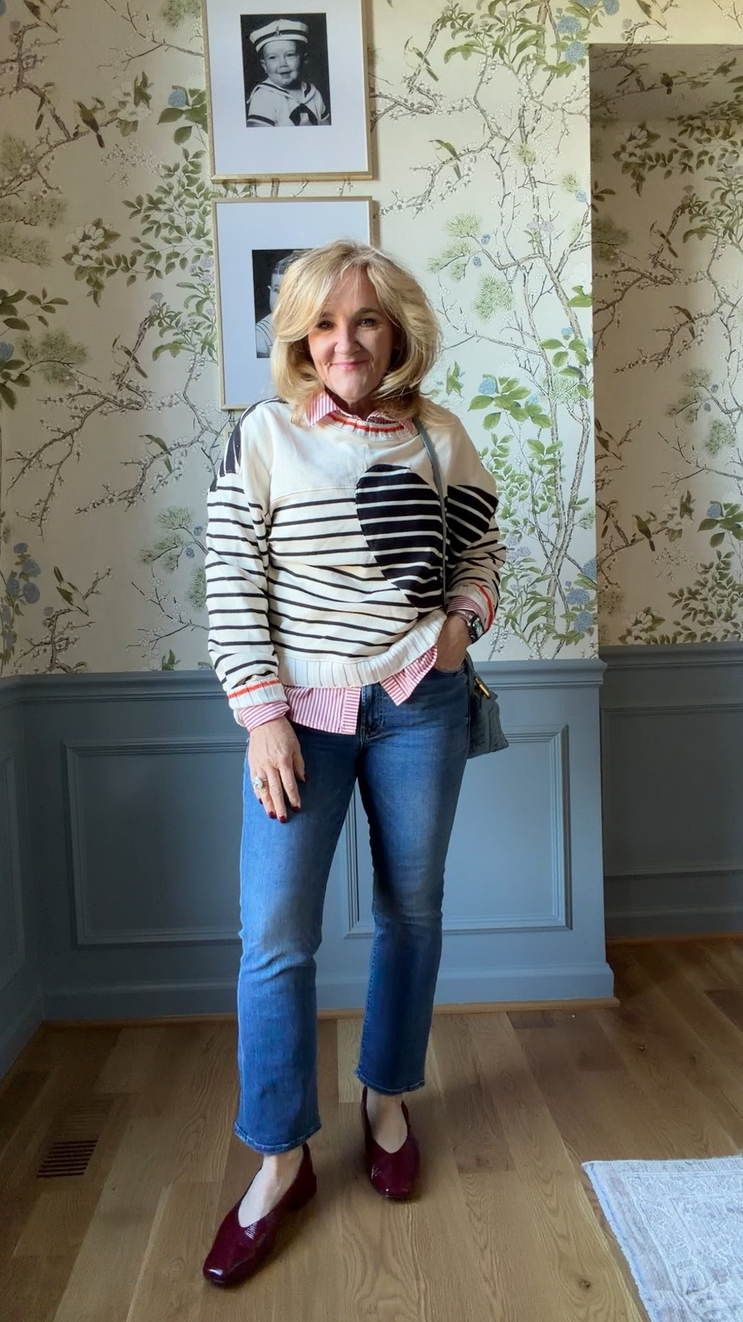 @anthropologie new arrivals. 
Love these burgandy flats. Super cute with socks too. Tts. 
Sweatshirt & sweater size medium 
Mother jeans these you must size up! Wearing a 30 petite 

#LTKootd #LTKPetite #LTKOver40