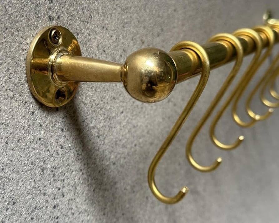 Solid Brass Pot Rail with Brass Pot Rack, Golden Brass Wall Mounted Rack | Amazon (US)