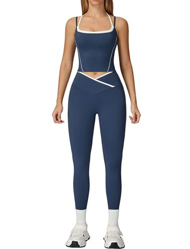 Womens Workout Sets Two Piece Spaghetti Straps Back Tank Top Matching Tummy Control High Waist Leggings Set 2 Piece For Women Gym Yoga Active Wear Outfits Athletic Work Out Set Color Block Dark Blue S | Amazon (US)