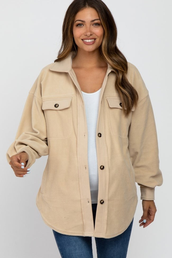 Beige Fleece Button Down Oversized Maternity Jacket | PinkBlush Maternity
