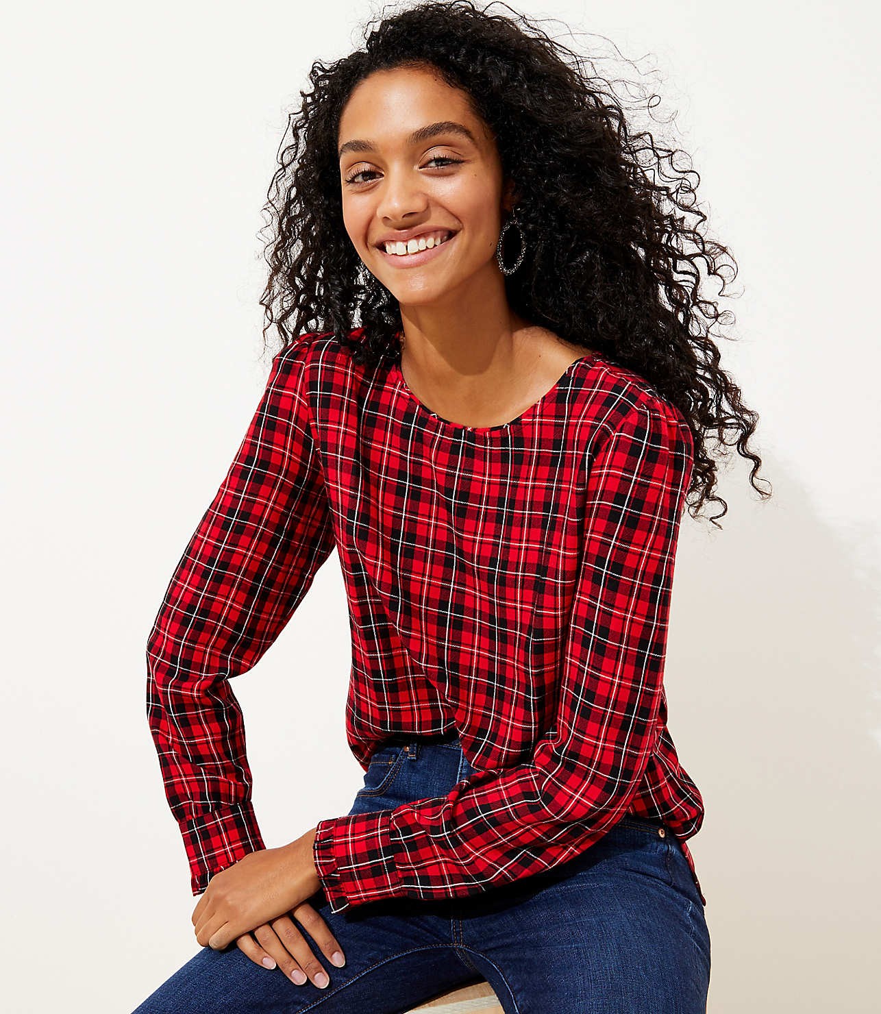 Plaid Pleated Cuff Blouse | LOFT | LOFT