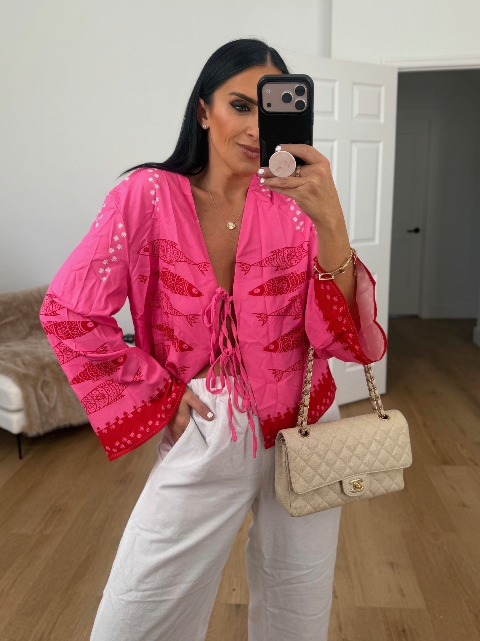 Farm Rio inspired Women's Boho Fish Print Long Sleeve Shirt wearing size medium. 
Looks like farm Rio but from Amazon 