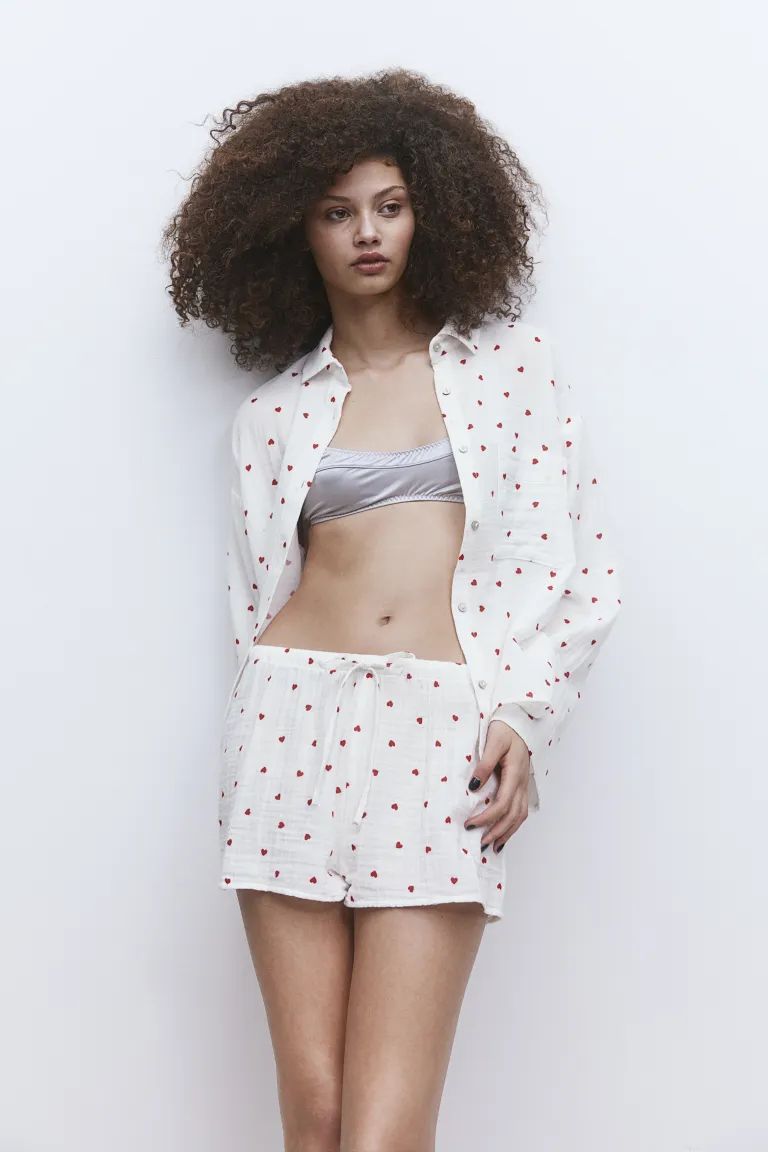 Pajama Shirt and Shorts - White/hearts - Ladies | H&M US | H&M (US + CA)