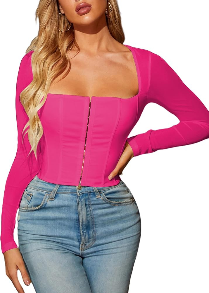 Remidoo Women's Sexy Square Neck Mesh Long Sleeve Bustier Corset Crop Top Clubwear | Amazon (US)