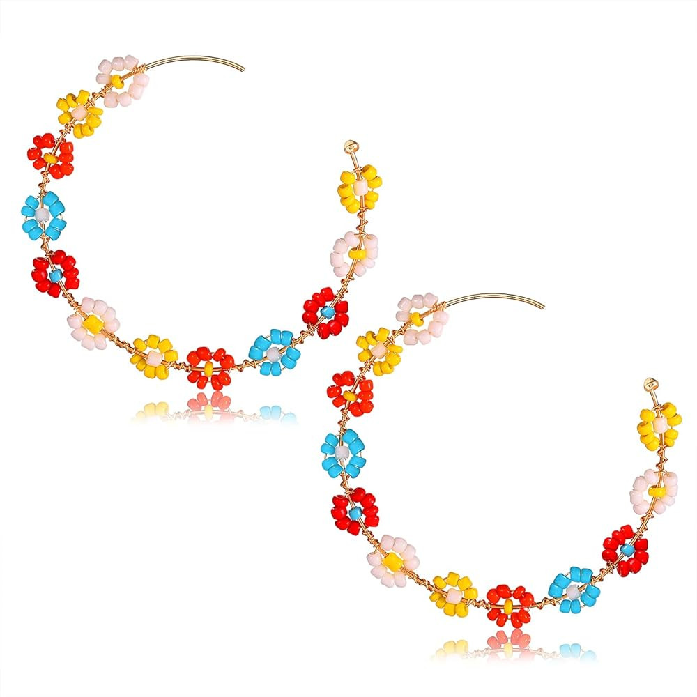 Beaded Daisy Flower Earrings for Women Colorful Bead Hoop Earring Bohemia Floral Open Circle Earr... | Amazon (US)