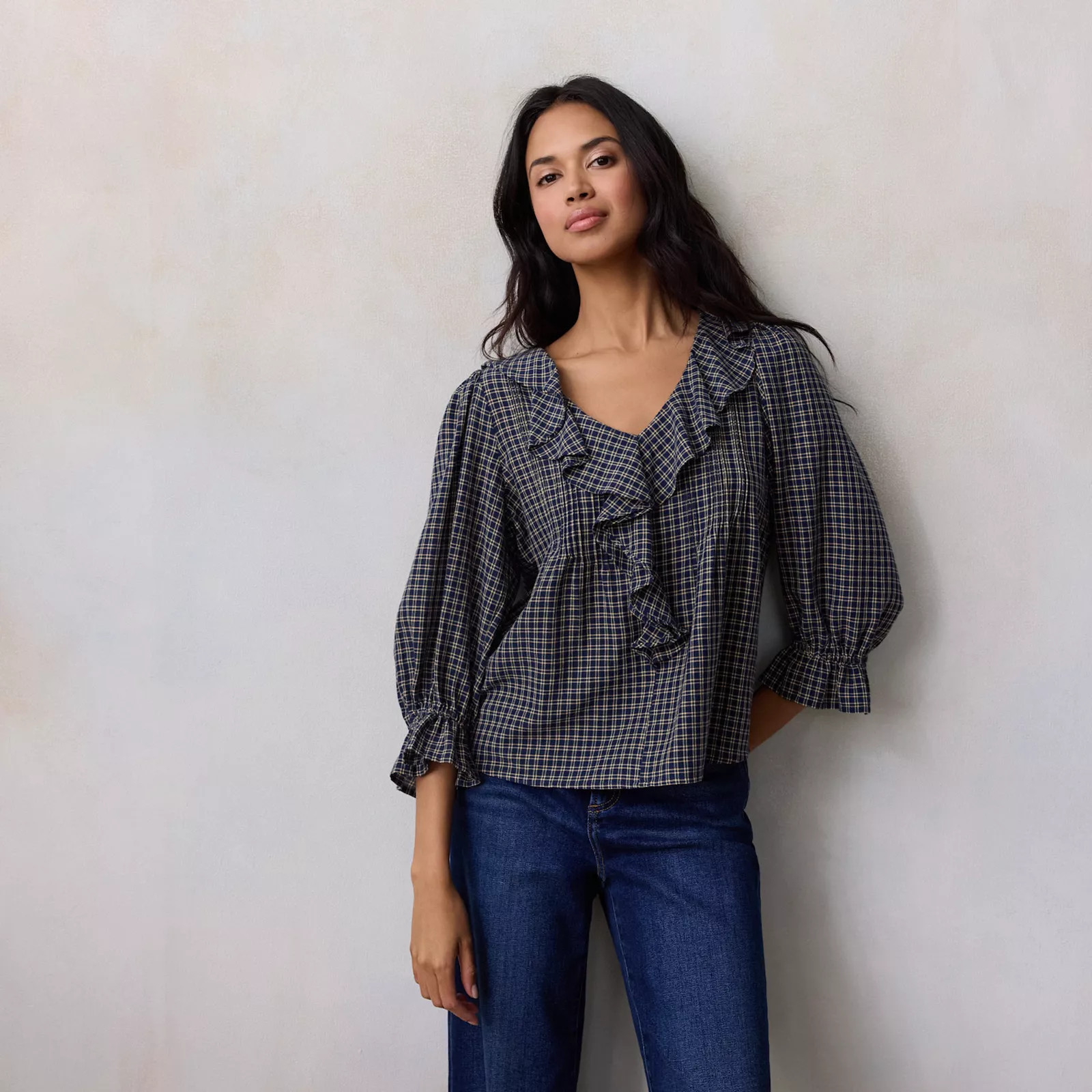 Petite LC Lauren Conrad Ruffle Front Blouse with Tucks | Kohl's