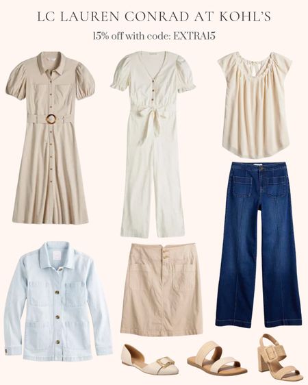LC Lauren Conrad at Kohl’s. Wedding guest dress. Spring outfit. Jeans. Travel outfit. Work outfit. Date night outfit. Vacation outfit. Super high waisted wide leg trouser jeans. Belted button down puff sleeve midi shirt dress. Puff sleeve button down tie waist jumpsuit. Jean jacket. Pleated scoop neck top. Utility skirt. Neutral dress sandals. Beige dress flats. Sunstone slide sandals  

#LTKover40 #LTKfindsunder50 #LTKmidsize