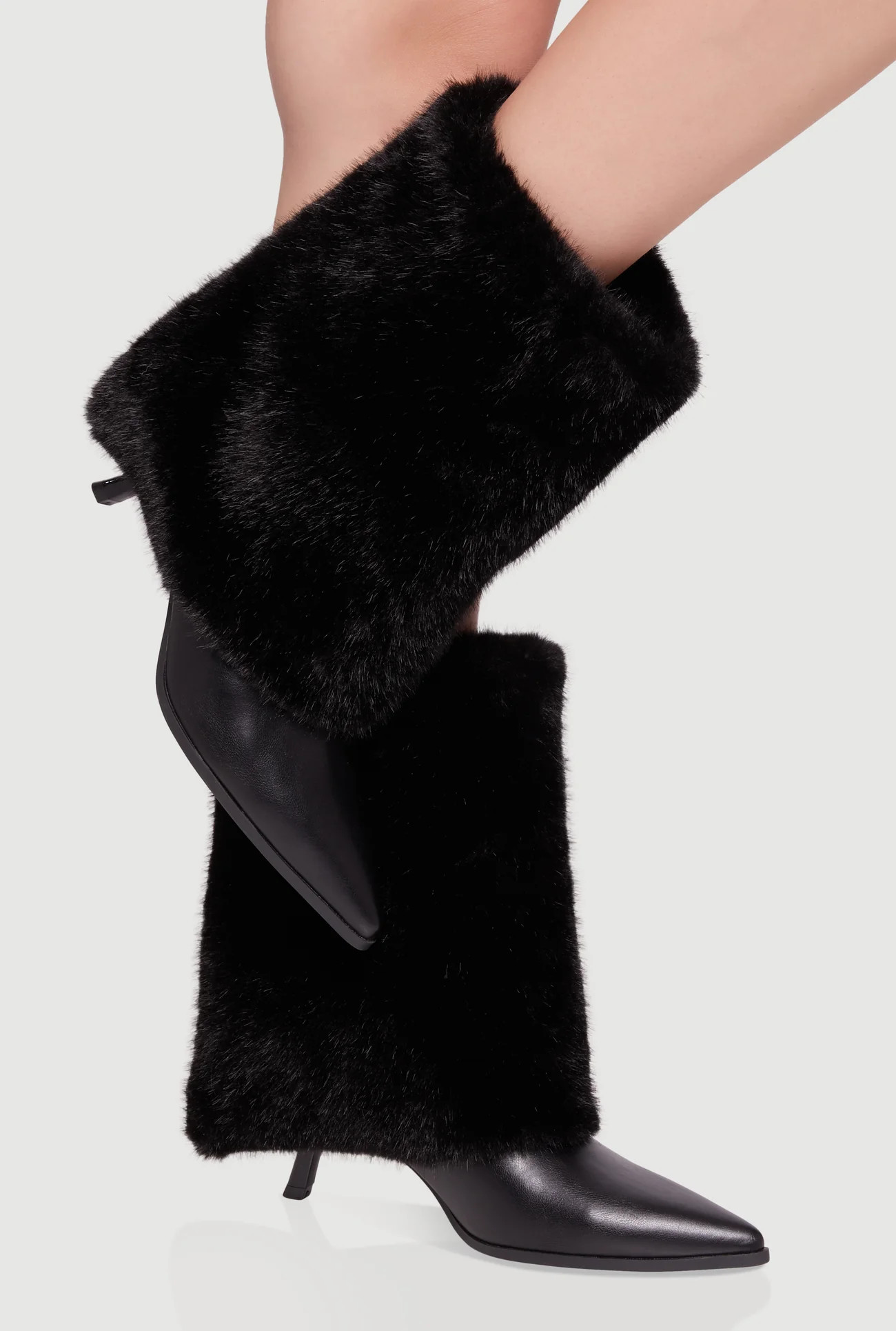 Trendy Faux Fur Slanted Kitten Heel Pointed Toe Booties | Rainbow Shops