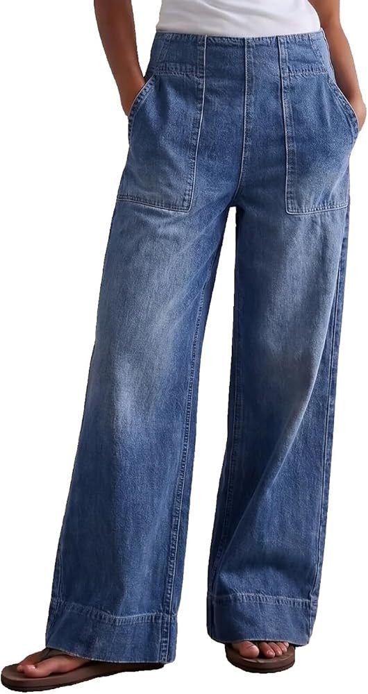 Women's Wide Leg Jeans Baggy Low Mid Rise Pull On Denim Pants Y2k | Amazon (US)