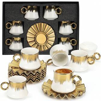 6 Cups 6 Saucers White Ceramic Coffee Cup And Saucer Set Gold Plated Brush Stroke Geometric Wavy Edge Modern Decor | SHEIN