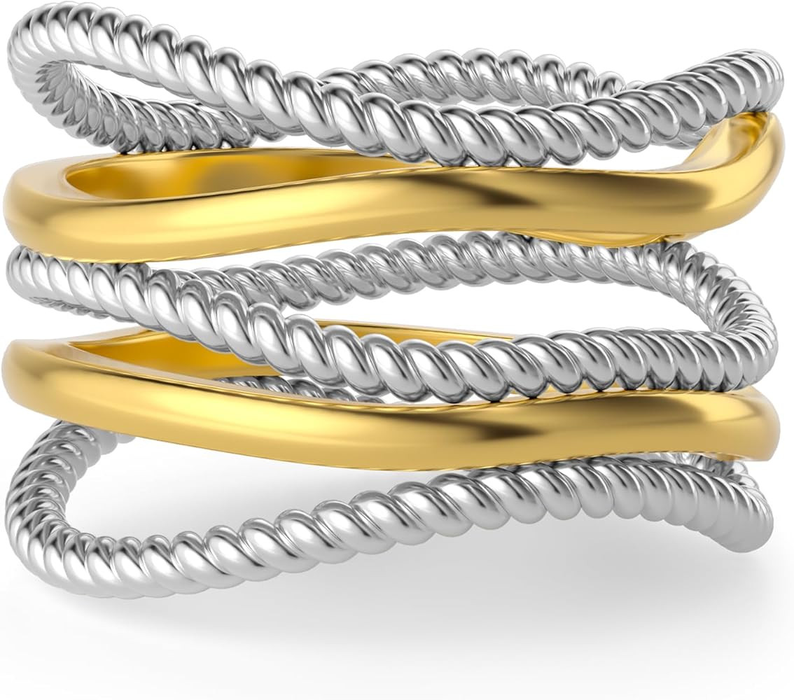 Wide Band Ring for Women Two-tone Crossover Twisted Cable Gold and Silver Ring Statement Chunky G... | Amazon (US)