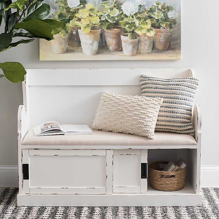 White Storage Pew Bench with Fabric Cushion | Kirkland's Home