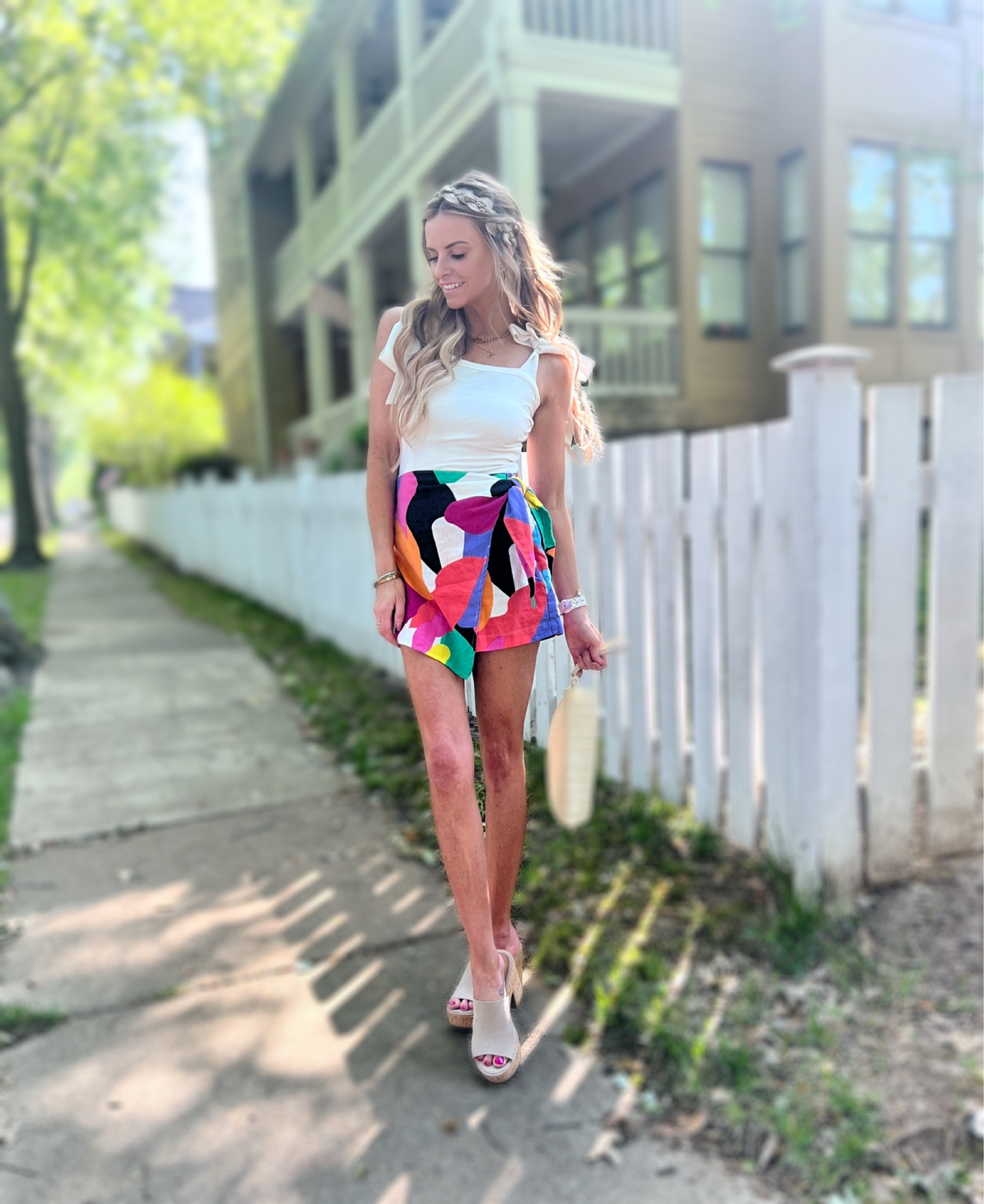 Summer look target style! Wearing this solid white body suit with ties on shoulder , this cute bright and colorful skort from target and these heeled mules also from target. My bag is a straw clutch from Amazon! I also am wearing my favorite braid from Madison braids 

#LTKFind #LTKSeasonal #LTKstyletip