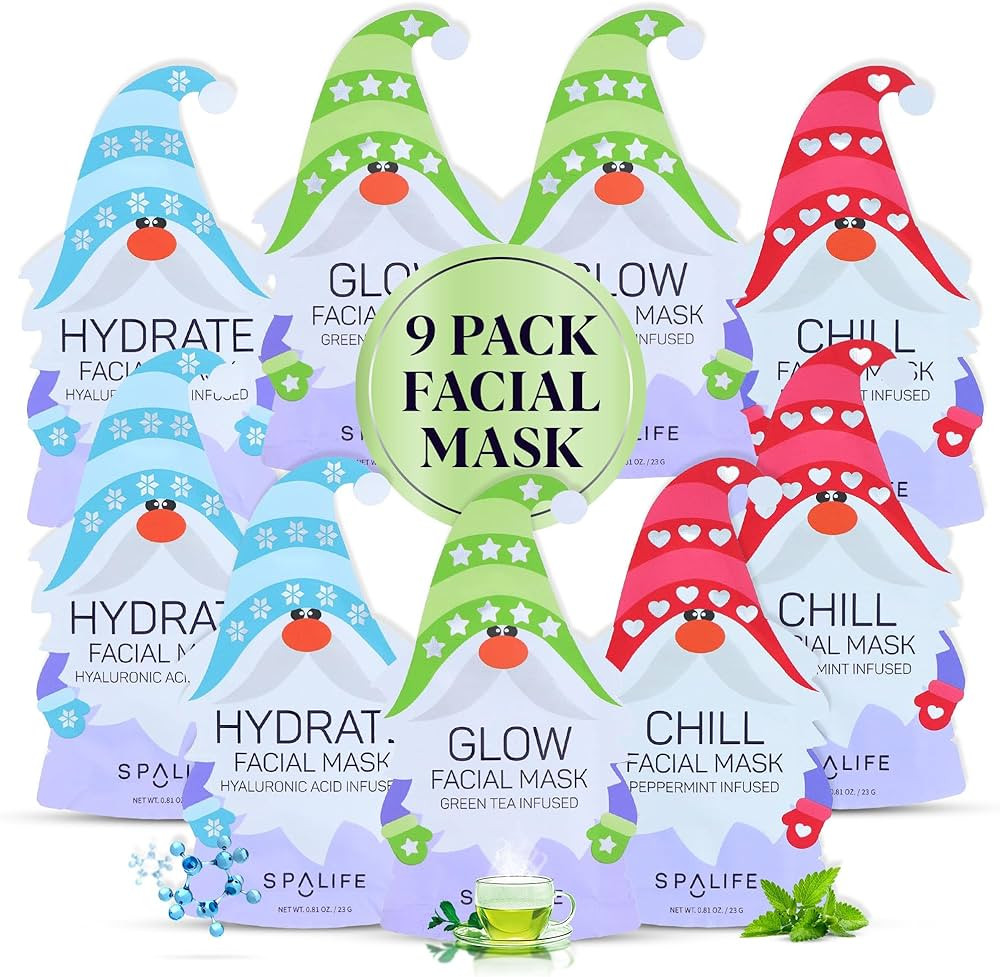 SpaLife Holiday Gnome Facial Masks 9 Pack | Sheet Masks for Skin Rejuvenation, Hydration and Mois... | Amazon (US)