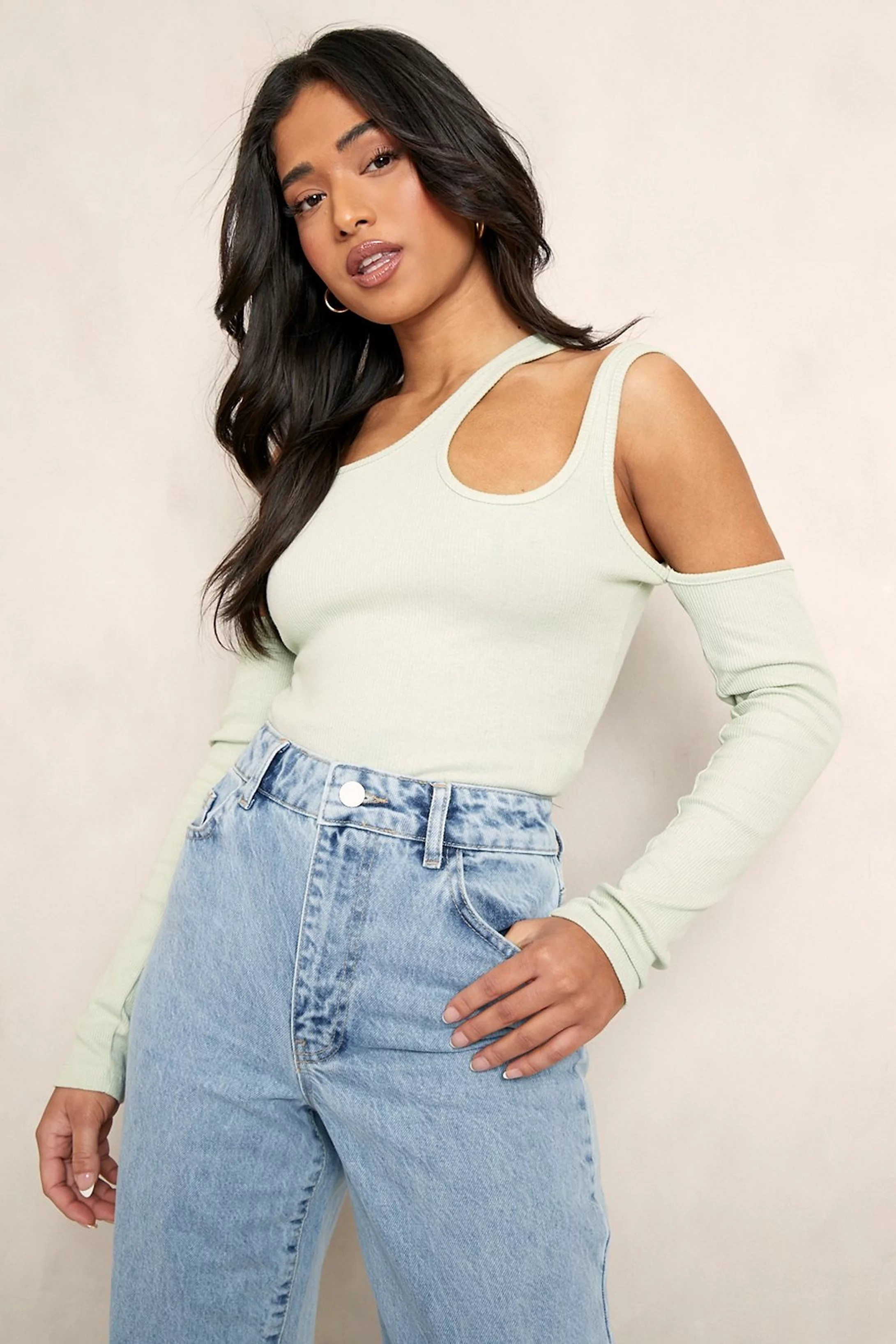 Petite Cut Out Long Sleeve Rib Bodysuit | Boohoo.com (US & CA)