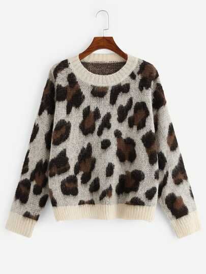 SHEIN Contrast Trim Leopard Print Sweater | SHEIN